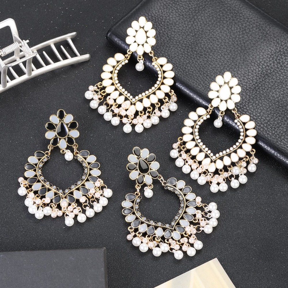 Ethnic Vintage White Black Heart Shape Dangle Earrings Female Hollow Flower Pearl Tassel Earrings Indian Jewellery brinco