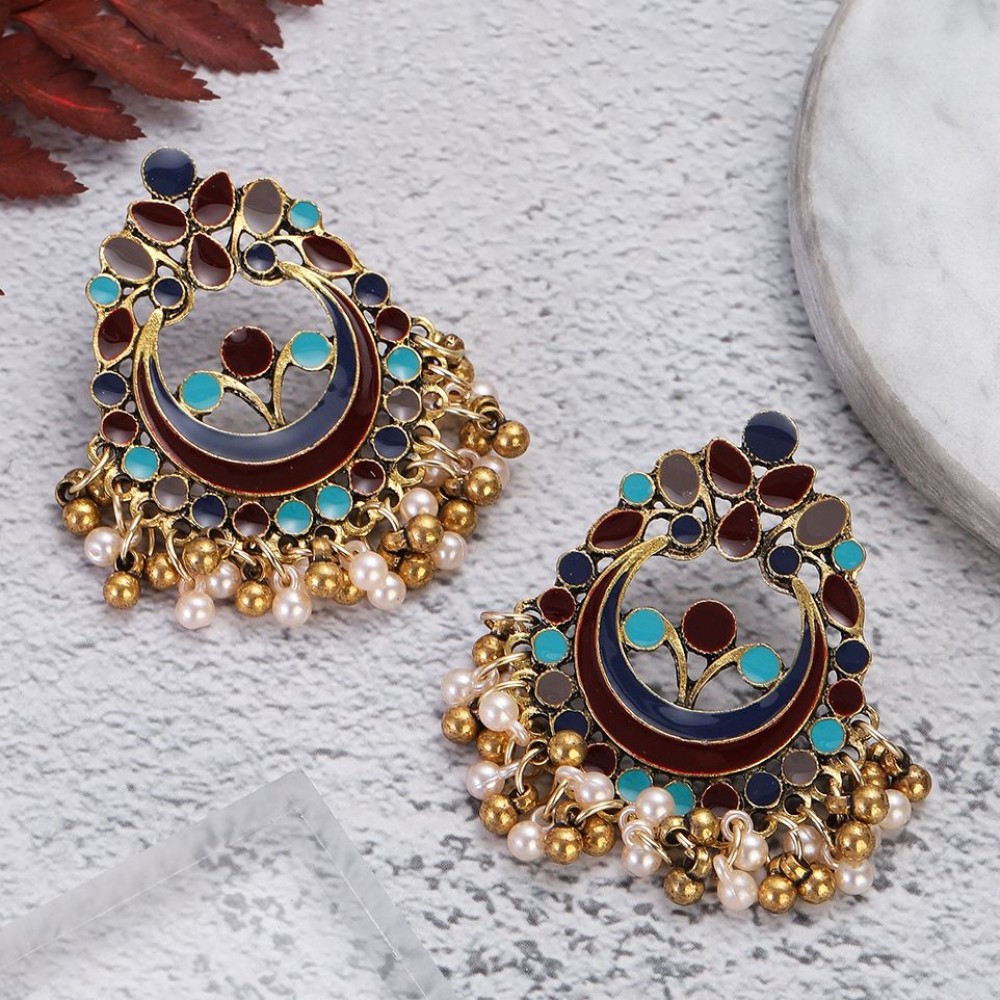 Ethnic Women Round Flower Dangle Earrings Jhumka Indian Earrings Vintage Fashion Beads Tassel Jhumka Earrings 2023