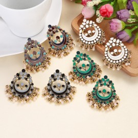Ethnic Women Round Flower Dangle Earrings Jhumka Indian Earrings Vintage Fashion Beads Tassel Jhumka Earrings 2023