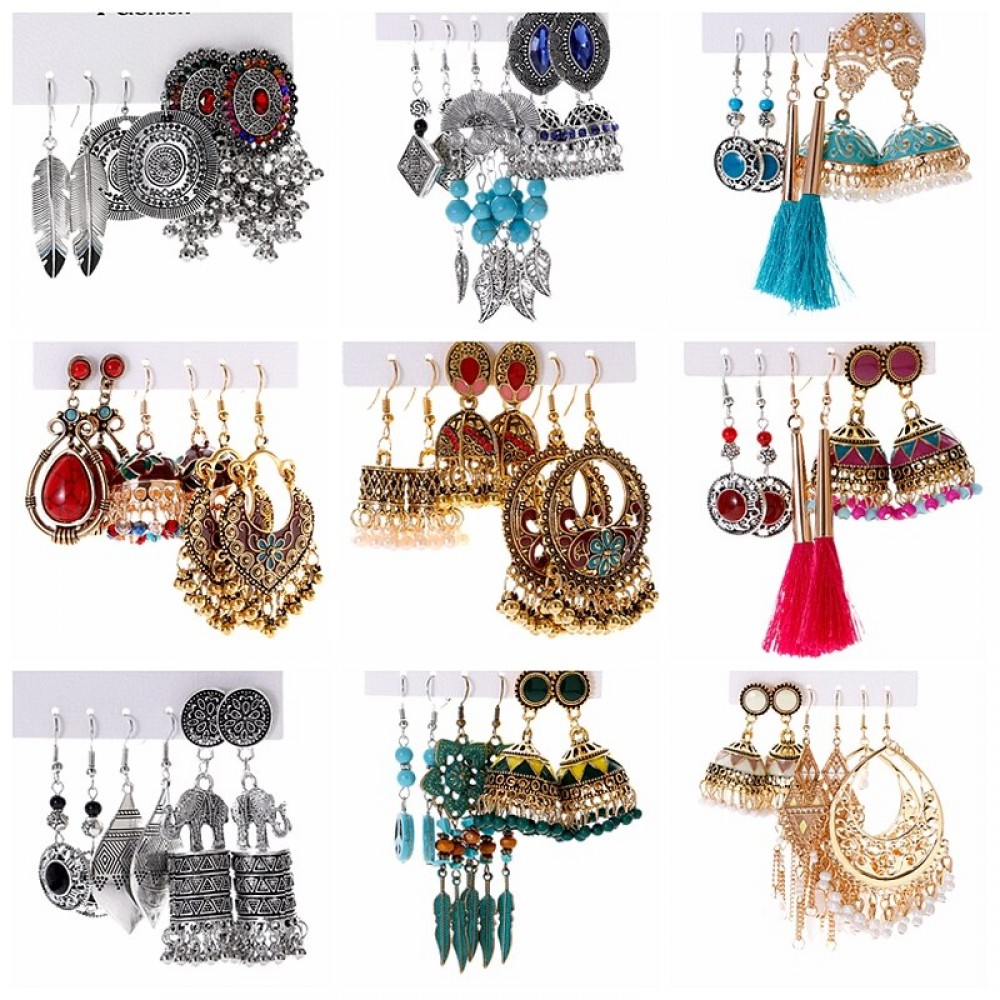Ethnic Women's Gold Color Jhumka Indian Earrings Set Orecchini 3pairs/lot Bohemian Vintage Jewelry Geometric Earrings
