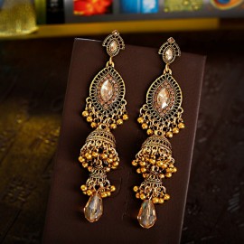 Ethnic Women's Gold Color Jhumka Indian Earrings Vintage Rhinestone Exaggerated Lantern Tassel Palace Earring Orecchini