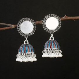 Ethnic Women's Pink Bells Tassel Earrings Classic Palace Dripping Oil Silver Color Round Mirror Drop Earrings Orecchini
