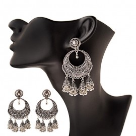 Ethnic Women's Silver Color Round Flower Hollow Jhumka Stud Earrings Boho Indian Jewelry Egypt Carved Tassel Earrings Femme