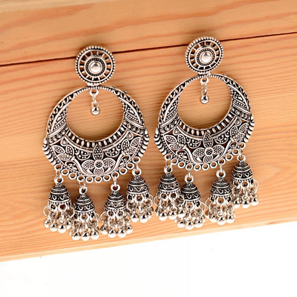 Ethnic Women's Silver Color Round Flower Hollow Jhumka Stud Earrings Boho Indian Jewelry Egypt Carved Tassel Earrings Femme