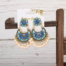 Ethnic Women's Vintage Boho Blue Crystal Drop Earrings Hangers Bohemian Flower Tassel Wedding Earrings Jewelry