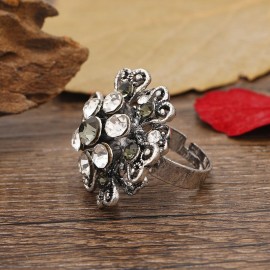 Indian Jewelry Flower Indian Rings Engraved Retro Silver Color Alloy Zircon Party Female Finger Ring Stylish