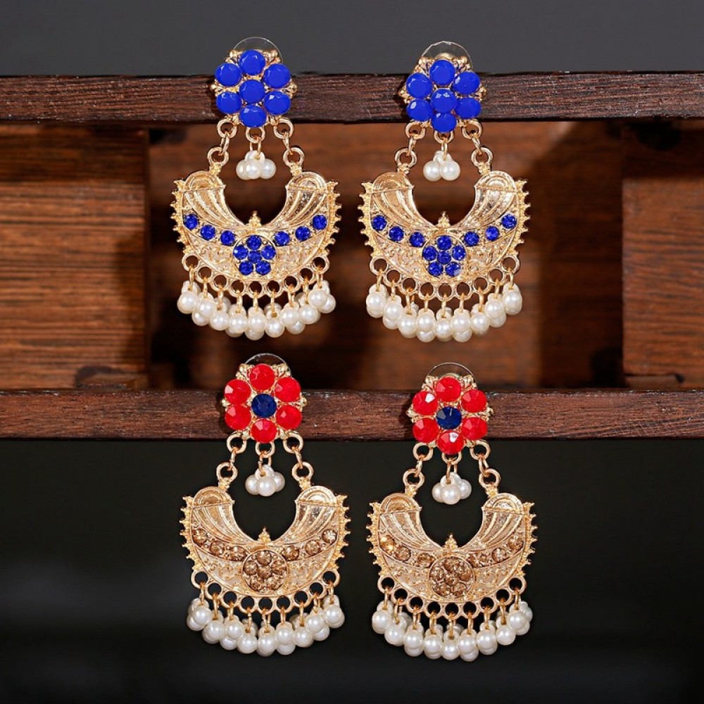 Luxury Boho Gypsy Blue Indian Wedding Earrings Orecchini Women Jewelry Retro Red Flower Pearl Beads Ladies Jhumka Earrings