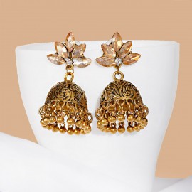 Luxury Indian Jhumka Earrings For Women Retro Flower Carved CZ Big Bells Tibetan Earrings Oorbellen