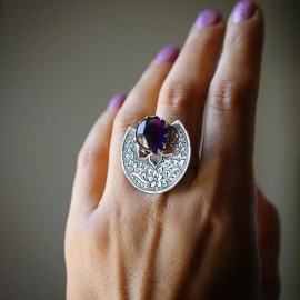 Luxury Purple Crystal Rings Indian Jewelry For Women Retro Silver Color Carved Finger Ring Banquet Wedding Jewelry Female Gifts