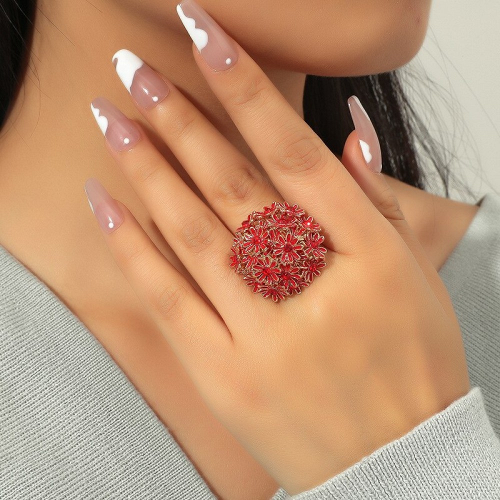 Luxury Zircon Red Pink Flower Rings For Women Ethnic Classic Gold Color Adjustable Ring Wedding Party Jewelry