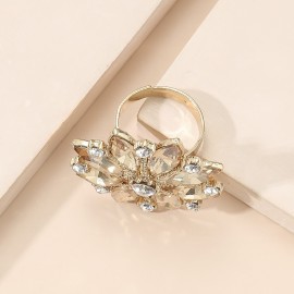 Luxury Zircon Rings Indian Jewelry Female Stylish Retro Flower Gold Color Alloy Open Finger Ring For Women