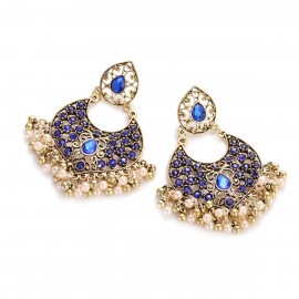 New Ethnic Blue CZ Jhumka Earrings India Jewelry Women's Gold Color Alloy Beads Tassel Earrings Female