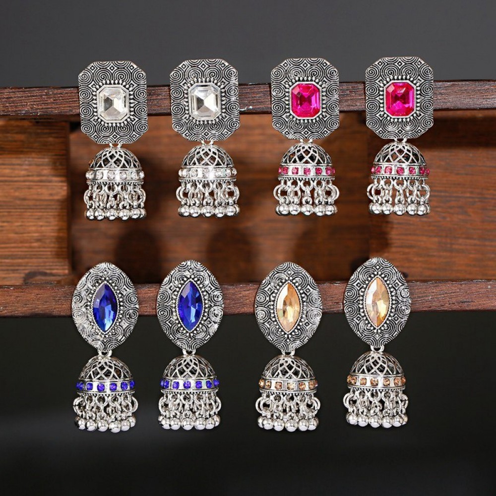 New Luxury Ethnic Crystal Earring Stud Earrings For Women Silver Color Alloy Wedding Earrings Jewelry Gift