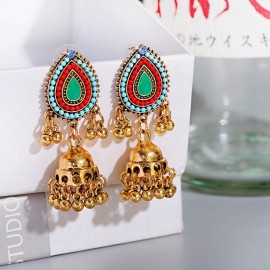 New Vintage Corful Beaded India Wedding Earrings Hangers Classic Gold Color Ladies Earrings Bohemian Green Bollywood Earrings