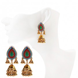 New Vintage Corful Beaded India Wedding Earrings Hangers Classic Gold Color Ladies Earrings Bohemian Green Bollywood Earrings