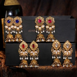 New Vintage Gold Color Indian Earrings Classic Red Crystal Flower Alloy Pearl Beads Bollywood Jewelry Oxidized Wedding Earrings