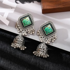 Pendientes Boho Vintage Square Silver Color Indian Earrings For Women Ethnic Beads Bells Tassel Wedding Earrings