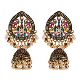 Pendientes Ethnic Corful Flower Indian Water Drop Earrings Vintage Pearl Bells Beads Gypsy Jhumka Earrings Oorbellen Hangers