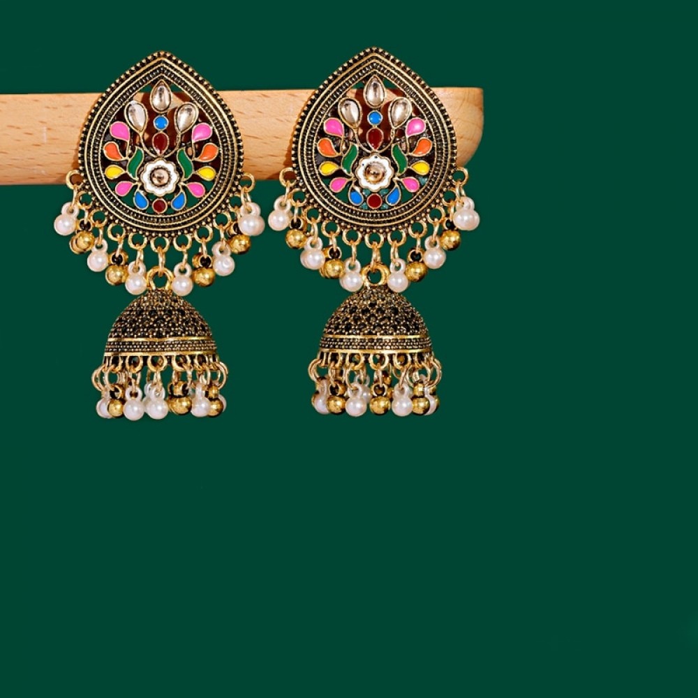 Pendientes Ethnic Corful Flower Indian Water Drop Earrings Vintage Pearl Bells Beads Gypsy Jhumka Earrings Oorbellen Hangers