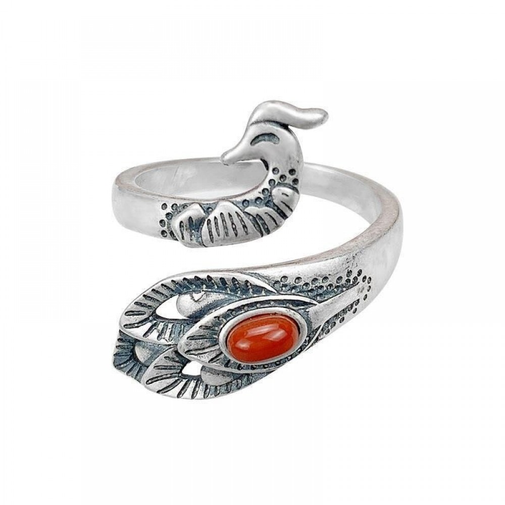 Retro Carved Peacock Rings Indian Jewelry Female Vintage Tibetan Silver Finger Ring Stone Banquet Jewelry Gifts