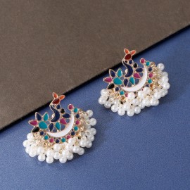 Retro Corful Peacock Earrings Summer Women's Ethnic Pearl Tassel Earrings Piercing Wedding Jewelry Gifts