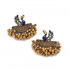 Retro Gold Color Alloy India Earring/Ring Set Women's Wedding Jewelry Blue Peacock Jhumka Earrings Hangers
