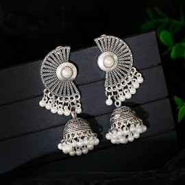 Retro Silver Color Sector Jhumka Earrings For Women Boho Gypsy Pearl Tassel Indian Drop Earrings Orecchini Jewelry