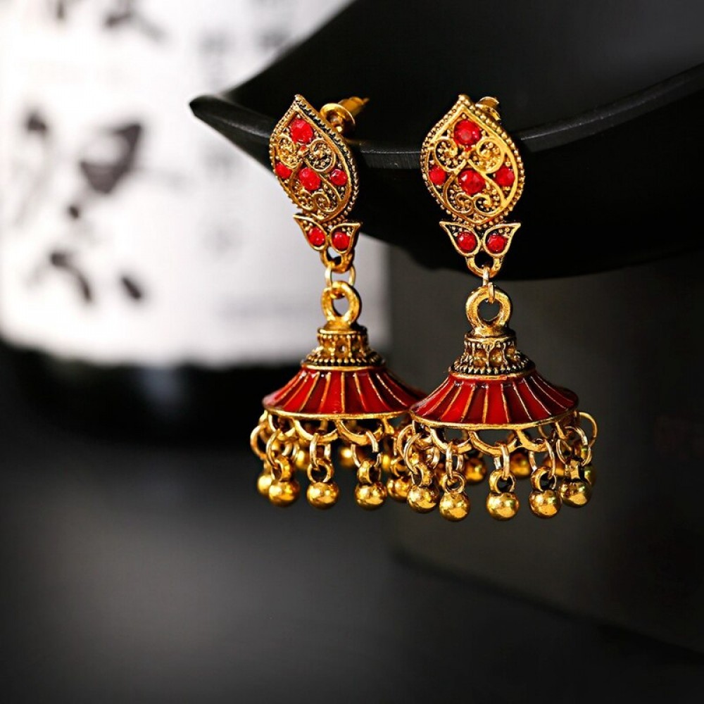 Vintage Alloy Red Color Beads Tassel Ladies Earrings Oorbellen 2022 Handmade Ethnic Carved Dangle Earrings