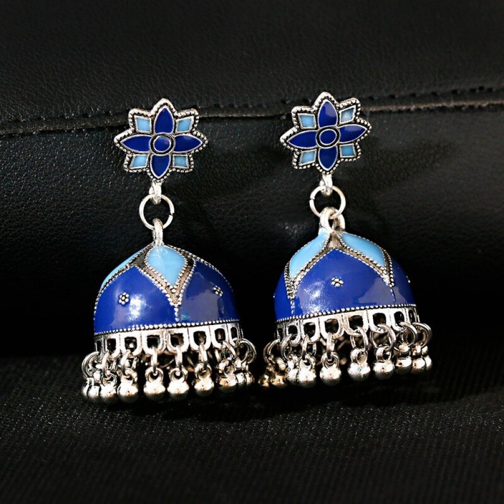 Vintage Blue Flower Big Bells Ladies Earrings Boho Jewelry Antique Silver Color Dripping Oil Jhumka Hanging Earrings