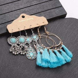Vintage Bohemia Geometric Tassel Earrings Set for Women Ethnic Blue Stone Water Drop Dangle Earrings Jewelry 2023 New