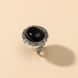 Vintage Ethnic Black Stone Ring for Women Elegant Silver Color Engraved Gemstone Rings Bohemia Jewelry Girls