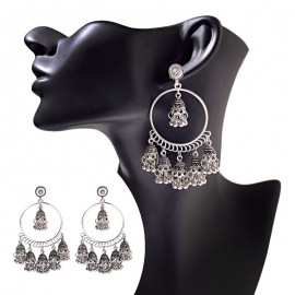 Vintage Ethnic Women's Silver Color Gypsy Round Indian Earrings Boho Jewelry Ladies Retro Bell Tassel Jhumka Earrings 2019