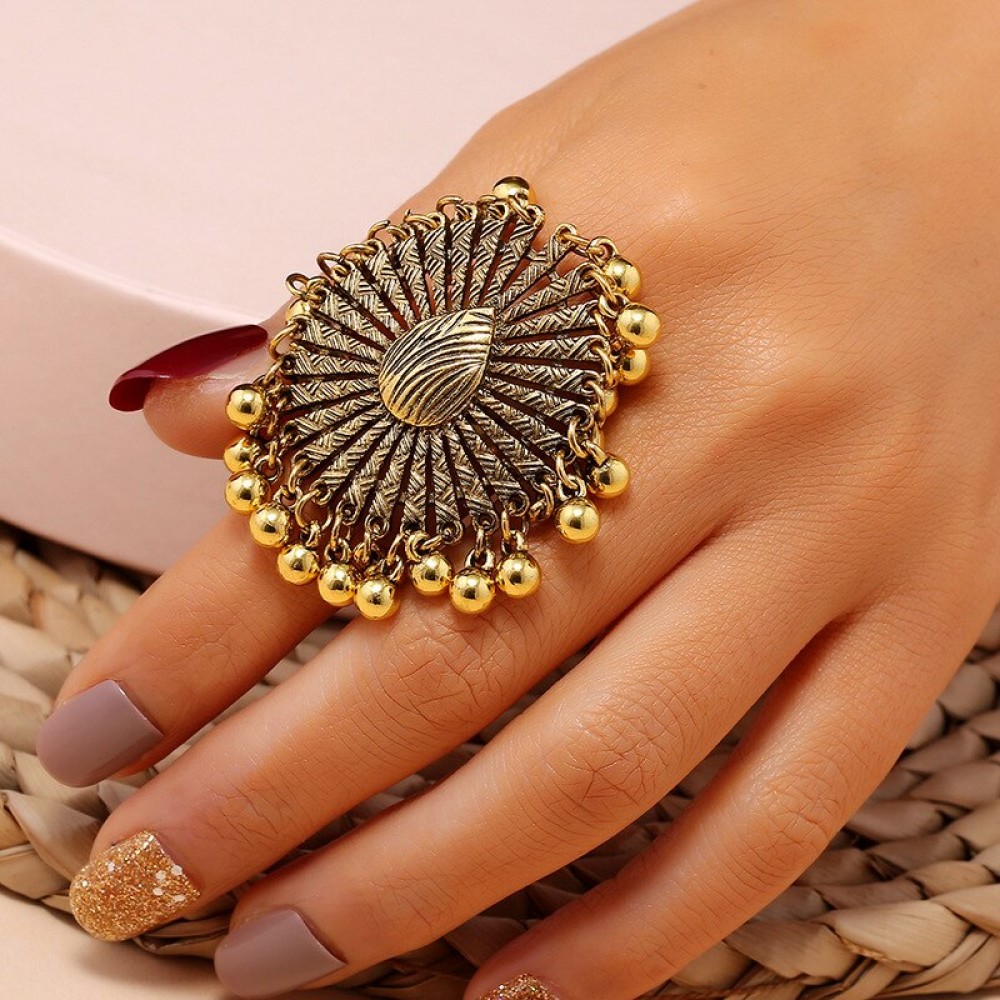 Vintage Gold Color Beads Tassel Rings Womens Exquisite Handmade Carved Geometric Rings Bohemian Indian Jewelry