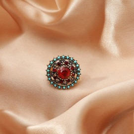 Vintage Luxury Red Crystal Turquoises Indian Jewelry Retro Flower Gold Color Alloy Round Adjustable Finger Ring For Women