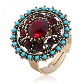 Vintage Luxury Red Crystal Turquoises Indian Jewelry Retro Flower Gold Color Alloy Round Adjustable Finger Ring For Women