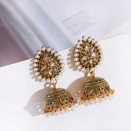 Vintage Silver Color Crystal Flower Alloy Bollywood Oxidized Earrings For Women Ethnic Pearl Tassel Dangle Earrings