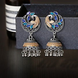 Vintage Silver Color Rhinestone Peacock Flower Alloy Bollywood Oxidized Earrings For Women Ethnic Tassel Jhumka Earrings
