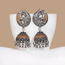 Vintage Silver Color Rhinestone Peacock Flower Alloy Bollywood Oxidized Earrings For Women Ethnic Tassel Jhumka Earrings