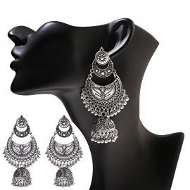 Vintage Silver Color Sector Flower Bollywood Oxidized Earrings For Women Boho Ethnic Bells Tassel Dangle Earrings
