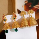 Women's Gypsy Gold Color Peacock Bells Indian Jhumka Earrings Bohemian Retro Green Beads Tibetan Earrings Oorbellen