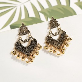 Women's Gypsy Silver Color Geometry Indian Jhumka Earrings Bohemian Retro Pearl Beads Tassel Tibetan Earrings Oorbellen
