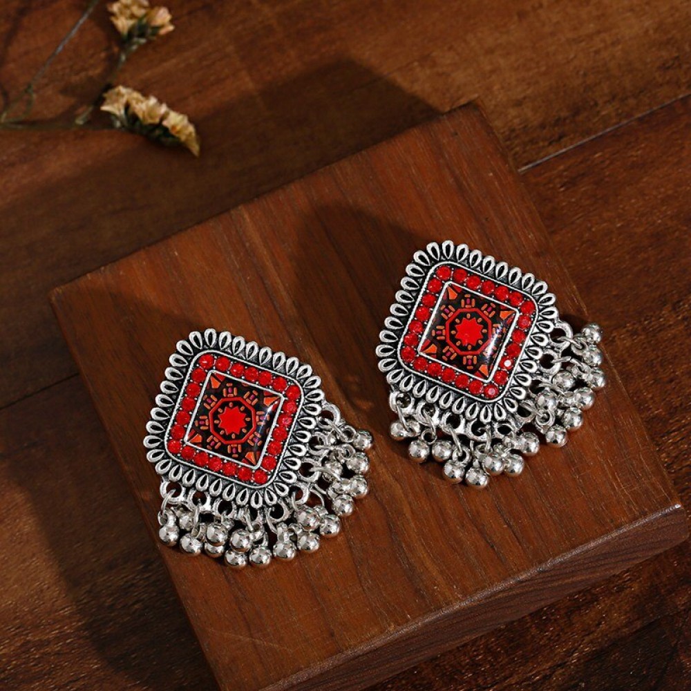 Women's Red Rhinestone Wedding Earrings 2021 Orecchini Jewelry Ladies Retro Silver Color Alloy Jhumka Earrings