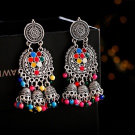 Women's Retro Tassel Indian Earrings Ethnic Ladies Gold Color Bell Multicolor Beads Tassel Hollow Jhumka Earrings Gypsy Jewelry