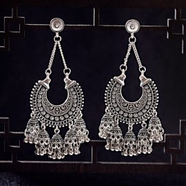 Women's Vintage Ethnic Gypsy Water Drop Gold Color Indian Earrings Boho Jewelry Retro Bell Tassel Hollow Ladies Jhumka Earrings