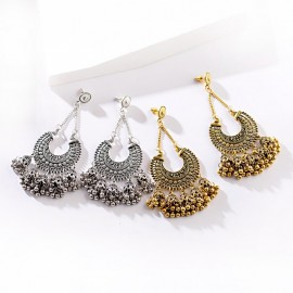 Women's Vintage Ethnic Gypsy Water Drop Gold Color Indian Earrings Boho Jewelry Retro Bell Tassel Hollow Ladies Jhumka Earrings