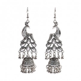 Women's Vintage Silver Color Peacock Jhumka Earrings Indian Jewelry Turkish Carved Bells Statement Earrings Tribal Gypsy Jewelry