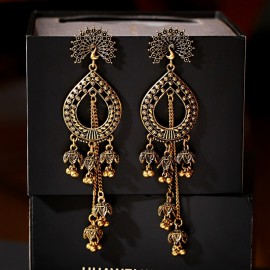 Women's Vintage Silver Color Water Drop Long Jhumka Earrings Indian Jewelry Turkish Carved Bells Earrings Tribal Gypsy Jewelry