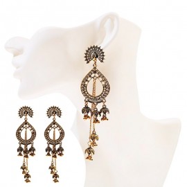 Women's Vintage Silver Color Water Drop Long Jhumka Earrings Indian Jewelry Turkish Carved Bells Earrings Tribal Gypsy Jewelry