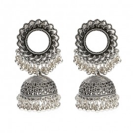 Women's Retro Big Silver Color Round Waves Wedding Earrings Pendientes Ethnic Zircon Beads Tassel Earrings Ins Oorbellen