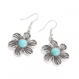 Bohemia Hollow Flower Dangle Earring Set Vintage Turquoises Silver Color Necklace Earring Sets Women's Flowers Bijoux Gift